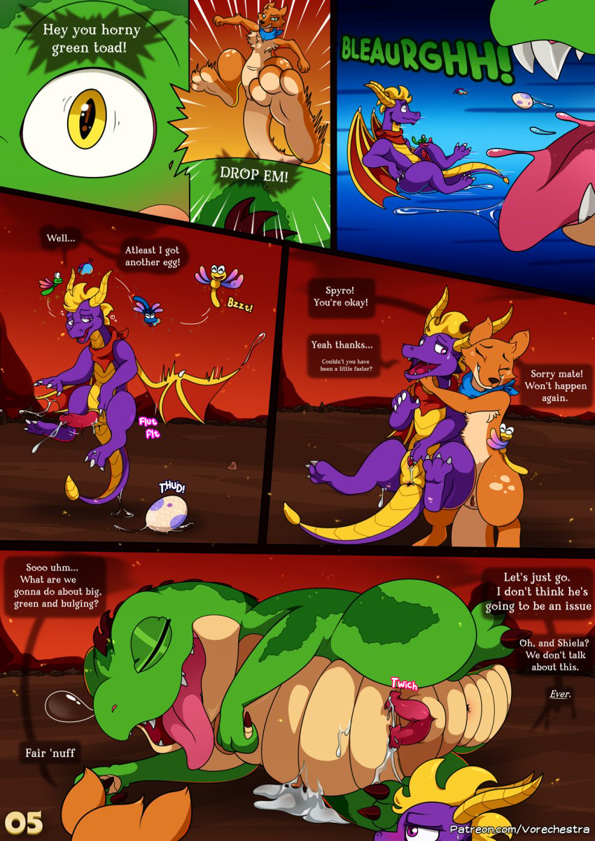 2023 2_penises activision aged_up amphibian animal_genitalia animal_penis anthro anus arthropod ass attack belly belly_scales blush bodily_fluids buzz_(spyro) clitoris close-up closed_eyes comic cum cum_on_self cum_string cumshot detailed_background diphallia diphallism dragon dragonfly duo duo_focus egg ejaculation embrace end_page english_text eyelashes facial_hair falling feet female feral flying foot_fetish freckles frog genital_fluids genital_slit genitals goatee gradient_background green_body green_scales grid_layout group hemipenes hi_res horn hug insects kangaroo kick knot long_penis macropod male male/female male/male male_focus male_pred male_prey mammal marsupial mountain mouth_play multi_genitalia multi_penis nubbed_penis page_number panel_overlap panel_skew panel_tilt paws penis pronounced_browridge pull_out pupils purple_body purple_scales pussy questionable_consent red_sky scales scalie scarf sheila_(spyro) simple_background six_frame_grid six_frame_image sky sleeping slit slit_pupils solo_focus sound_effects sparx speech_bubble spyro spyro_the_dragon surprise surprised_expression tail tapering_tail text thick_thighs toes trio violence vore vorechestra yellow_eyes