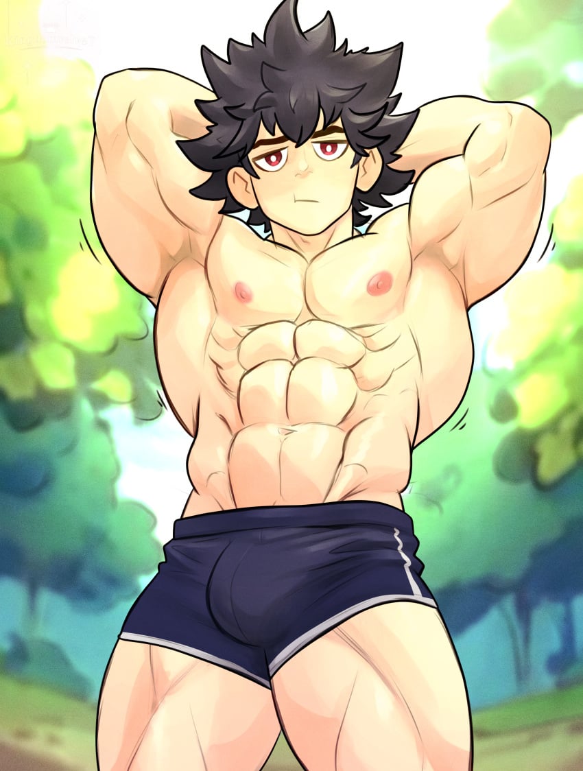 1boy abs absurd_res aged_up alternate_version_available armpits boxers bulge flaccid highres hugh_(pokemon) hyuu_(pokemon) kingdom_velvet male male_only muscle muscles muscular muscular_male outside pecs pokemon pokemon_bw red_eyes solo solo_male underwear