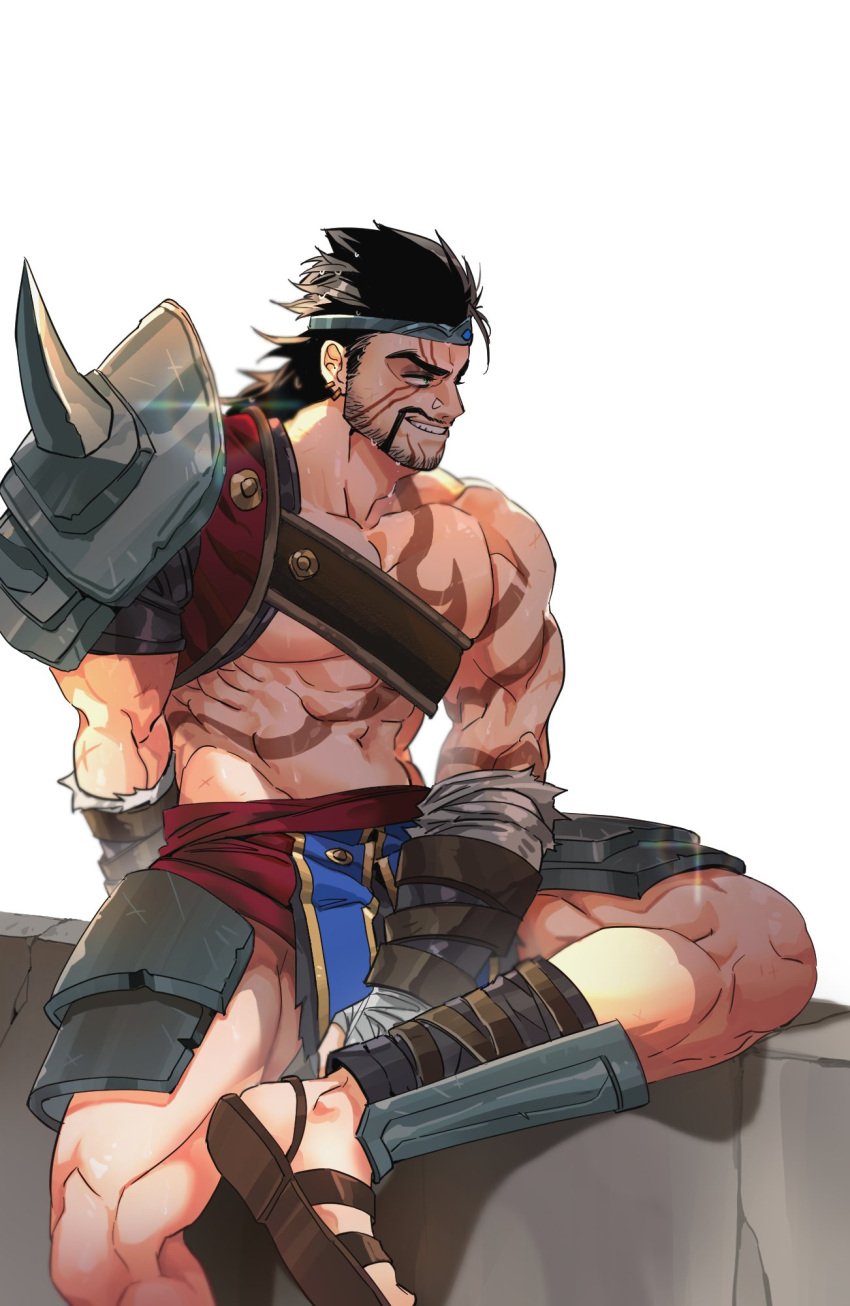 1boy 2023 abs bara barazoku beard biceps clothing draven facial_hair gay hairy hi_res highres league_of_legends male male_focus male_nipples male_only manly moustache muscles muscular muscular_arms muscular_legs muscular_male muscular_thighs nipples pecs riot_games solo solo_male sweat