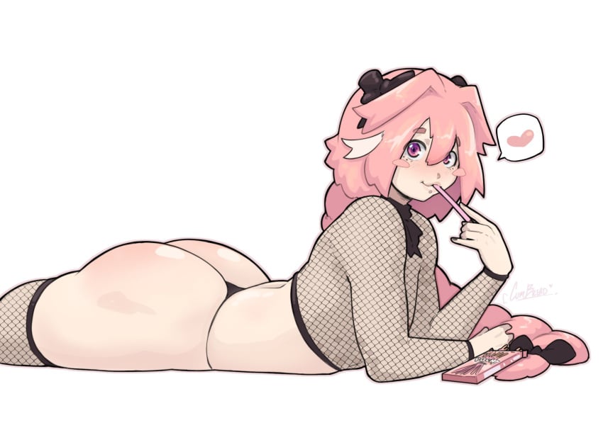 1boy ass ass_grab astolfo_(fate) big_ass big_butt butt cumbread fat_ass fate/grand_order fate_(series) femboy fishnet_legwear fishnet_shirt fishnet_stockings fishnet_topwear fishnets light-skinned_male light_skin looking_at_viewer male male_only panties pink_eyes pink_hair pocky ponytail thighs