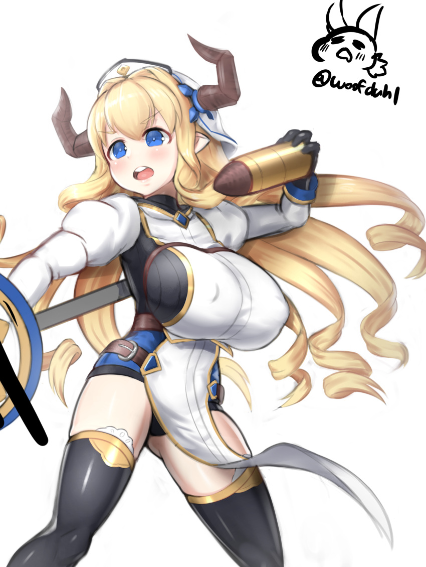 1girls big_breasts blonde_hair blue_eyes blush clothed clothing draph female female_only granblue_fantasy hat holding_object horns large_breasts long_hair nipple_bulge nipples_visible_through_clothing open_mouth out_of_frame razia razia_(granblue_fantasy) simple_background solo thighhighs woof_(artist) woofdahl