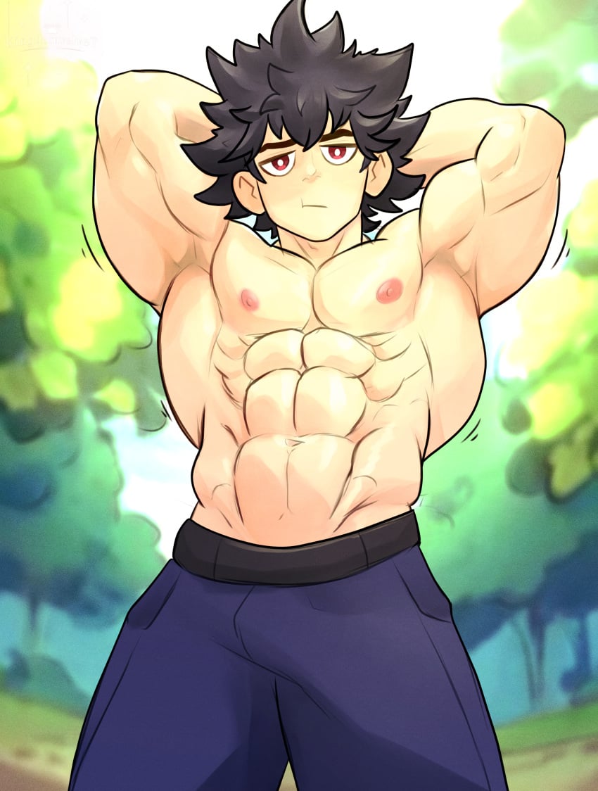 1boy abs absurd_res aged_up alternate_version_available armpits bulge flaccid highres hugh_(pokemon) hyuu_(pokemon) kingdom_velvet light-skinned_male light_skin male male_only muscle muscles muscular muscular_male outside pecs pokemon pokemon_bw red_eyes solo solo_male topless