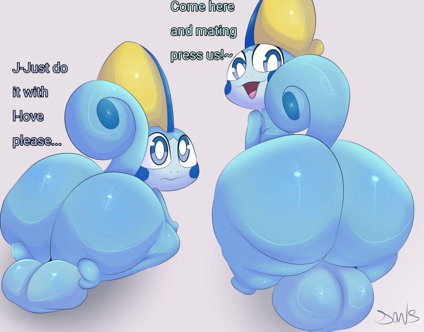 2023 anthro ass backsack balls big_ass big_balls big_butt big_testicles blue_body blue_cheeks blue_eyes blue_tail bottom_heavy confident curled_tail cute cute_face damien_(plushtrapboyuwu) duo english_text generation_8_pokemon genitals hi_res huge_ass huge_balls huge_butt huge_testicles looking_back male male_only nintendo open_mouth pink_tongue plushtrapboyuwu pokemon pokemon_(species) shaded shy simple_background sitting smile sobble solo_male standing tail testicles text thick_thighs tongue white_background