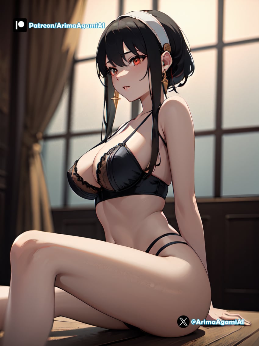 ai_generated arimaagamiai bangs black_hair blush embarrassed female red_eyes shy spy_x_family stable_diffusion yor_briar yor_forger