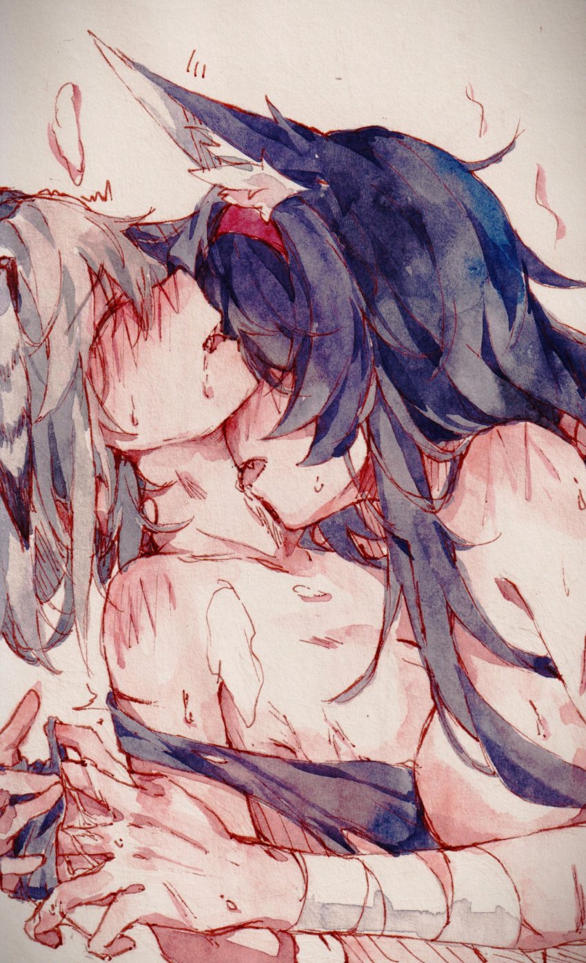 2023 2girls animal_ear_fluff animal_ears arknights blaze_(arknights) blue_hair blush breasts cat_ears catgirl grey_hair greythroat_(arknights) hi_res kemonomimi licking licking_neck light-skinned_female light_skin marginal multiple_girls naked nude sweat yuri