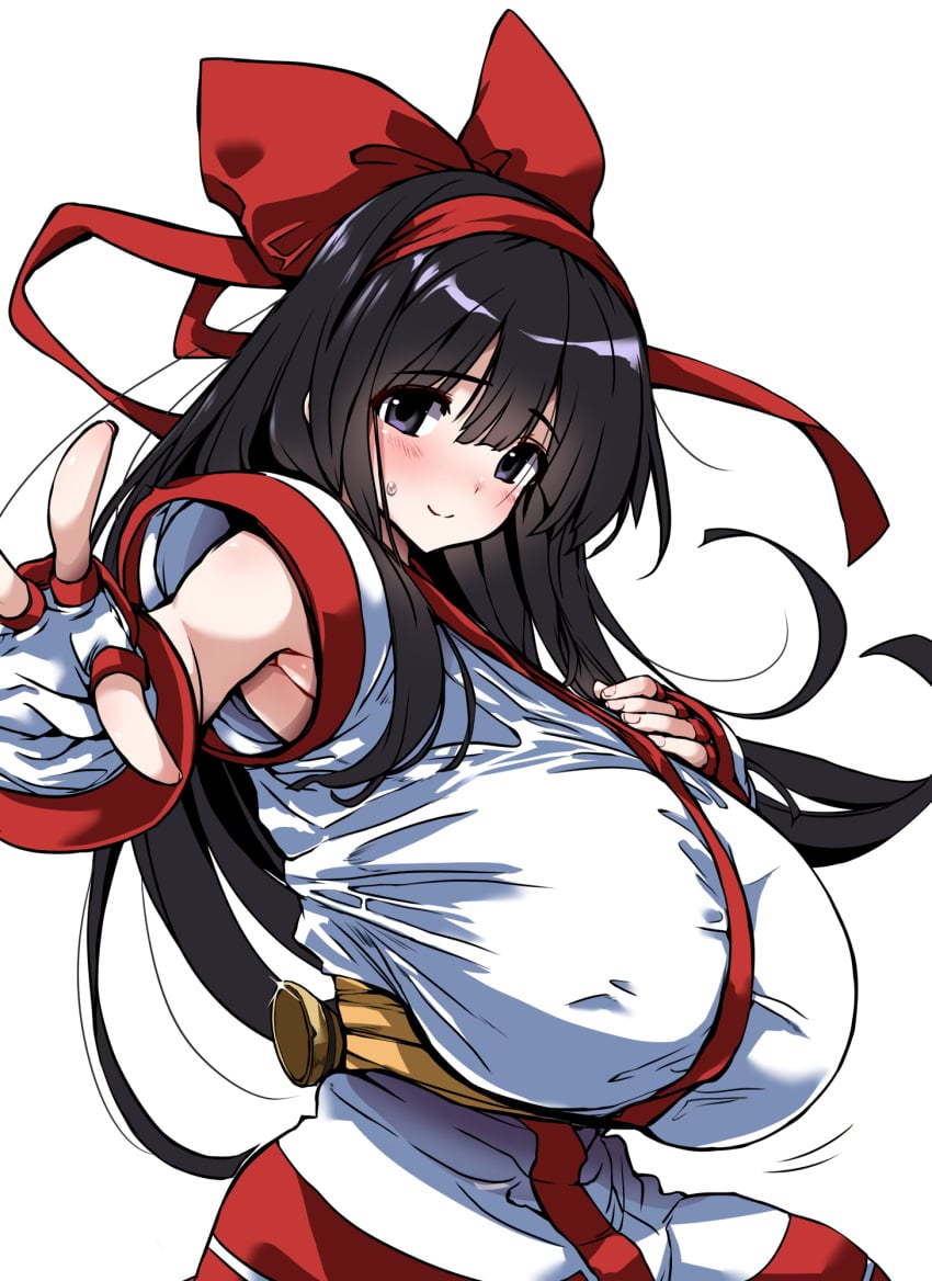 1girls ainu_clothes alternate_breast_size armpit_peek armpits big_breasts black_hair blush breasts busty female female_only fingerless_gloves gloves hair_ribbon hand_on_own_chest hirowa_nagi huge_breasts king_of_fighters looking_at_viewer nakoruru outstretched_arm purple_eyes ribbon samurai_shodown sensual smile snk solo voluptuous