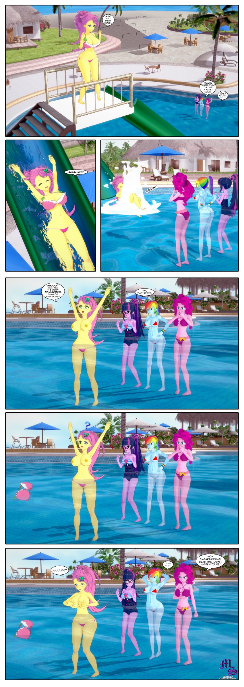 3d bikini bikini_malfunction embarrassed_nude_female enf english_text equestria_girls fluttershy_(eg) koikatsu my_little_pony patreon_url pinkie_pie_(eg) rainbow_dash_(eg) sci-twi straight_hair text url wardrobe_malfunction water_slide waterpark