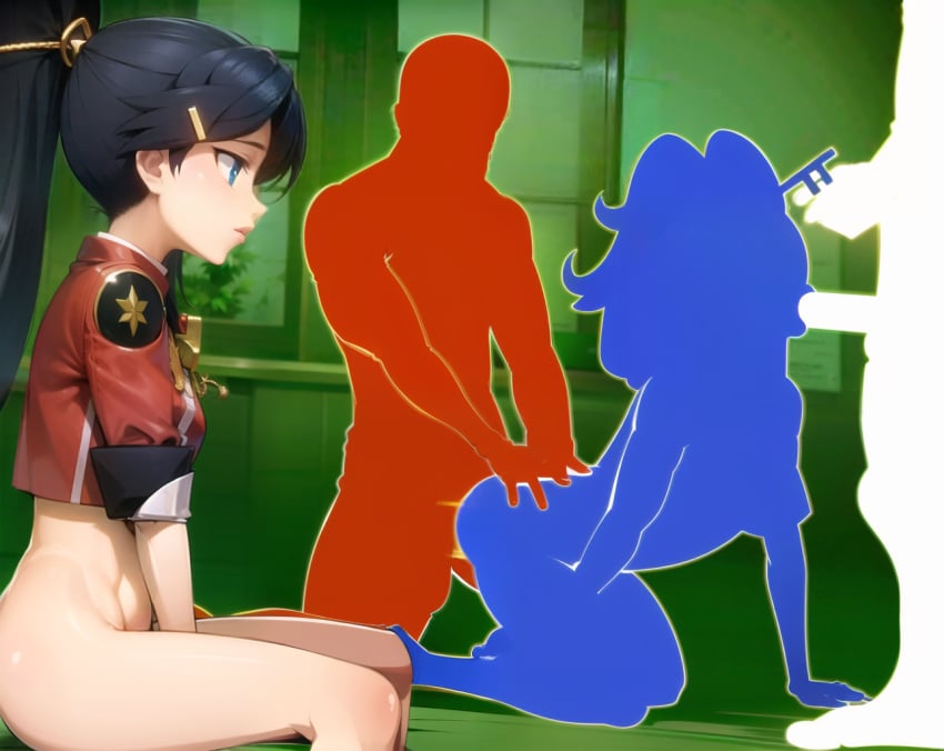 1girls 2boys ai_generated all_fours aroused black_hair blowjob blue_eyes bottomless bottomless_female cropped_jacket doggy_style faceless_male fellatio female fingering fingering_self gangbang group group_sex gyakuten_kenji gyakuten_saiban hair_ornament hi_res high_ponytail high_res high_resolution highres hologram jacket kay_faraday light-skinned_female light_skin long_hair masturbating_while_penetrated masturbating_while_watching no_panties no_underwear on_all_fours oral oral_sex pale-skinned_female pale_skin penetration ponytail red_jacket sci-fi science_fiction sex sex_from_behind sitting sitting_on_ground spitroast stable_diffusion teen teenage_girl teenager threesome vaginal_masturbation vaginal_penetration vaginal_sex very_long_hair watching