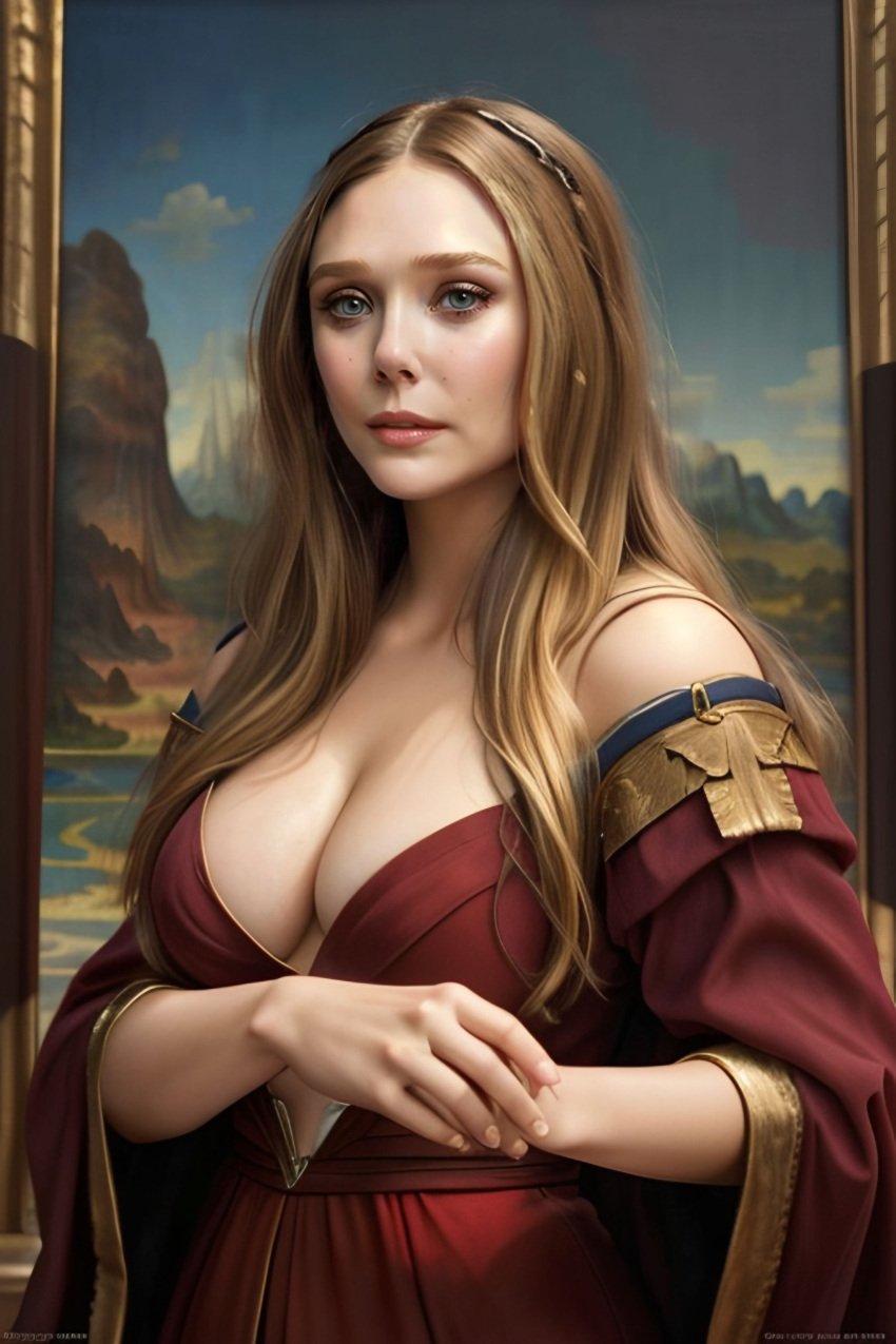 1girls ai_clothes ai_generated ai_hands big_breasts blonde_hair celebrity cleavage elizabeth_olsen female female_focus female_only fine_art_parody human human_only large_breasts light-skinned_female light_skin mona_lisa solo solo_female stable_diffusion