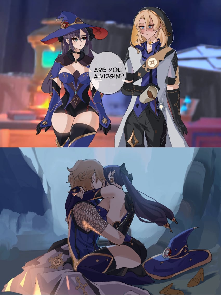 1boy 1girls albedo_(genshin_impact) arms_around_neck asking asking_a_question asking_for_it asking_for_sex assertive_female bare_thighs cowgirl_position english_text female genshin_impact hourglass_figure hug hugging imminent_sex instant_loss_2koma kissing light-skinned_female long_hair male male/female miraidell mona_(genshin_impact) on_lap passionate_kiss sex sitting sitting_on_lap sitting_on_person straight text_bubble thick_thighs thighs twintails virgin virginity witch_hat