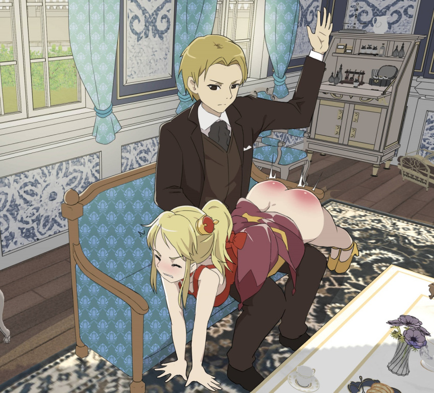 1boy 1girls blonde_hair bottomless carissa_(to_aru) closed_eyes crown discipline dress dress_lift eingyeo flower indoors long_hair looking_down princess punishment punishment_spanking red_ass spanking suit to_aru_majutsu_no_index yellow_heels