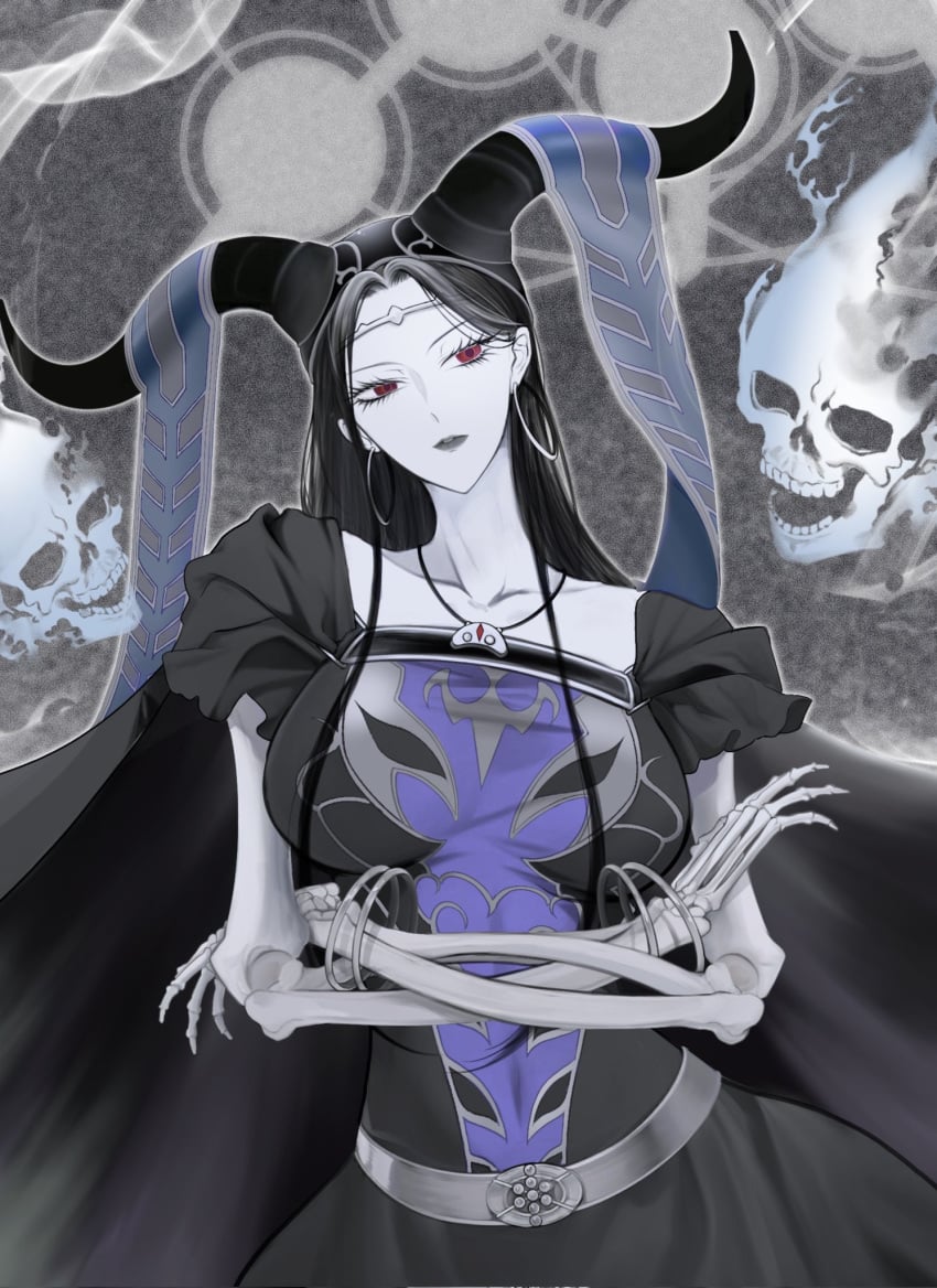 1girls 2d black_hair cape duel_monster female female_only grey_skin hela,_generaider_boss_of_doom hoop_earrings horns large_breasts long_hair necklace norse_mythology pale-skinned_female pale_skin red_eyes skeleton skeleton_arms solo solo_female yu-gi-oh! zombie