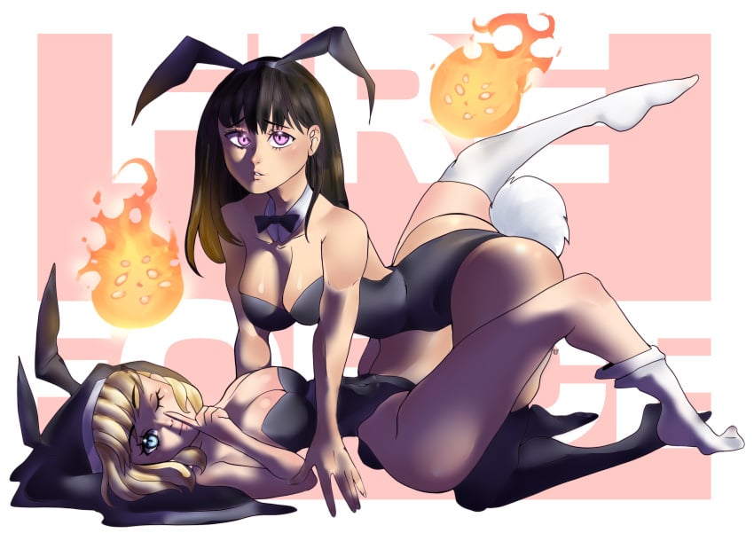 2girls black_hair black_stockings blonde_hair blue_eyes bunnysuit enen_no_shouboutai female fire fire_force lilith_suci lilithsuci looking_at_viewer multiple_girls oze_maki purple_eyes sister_iris_(fire_force) stockings white_stockings