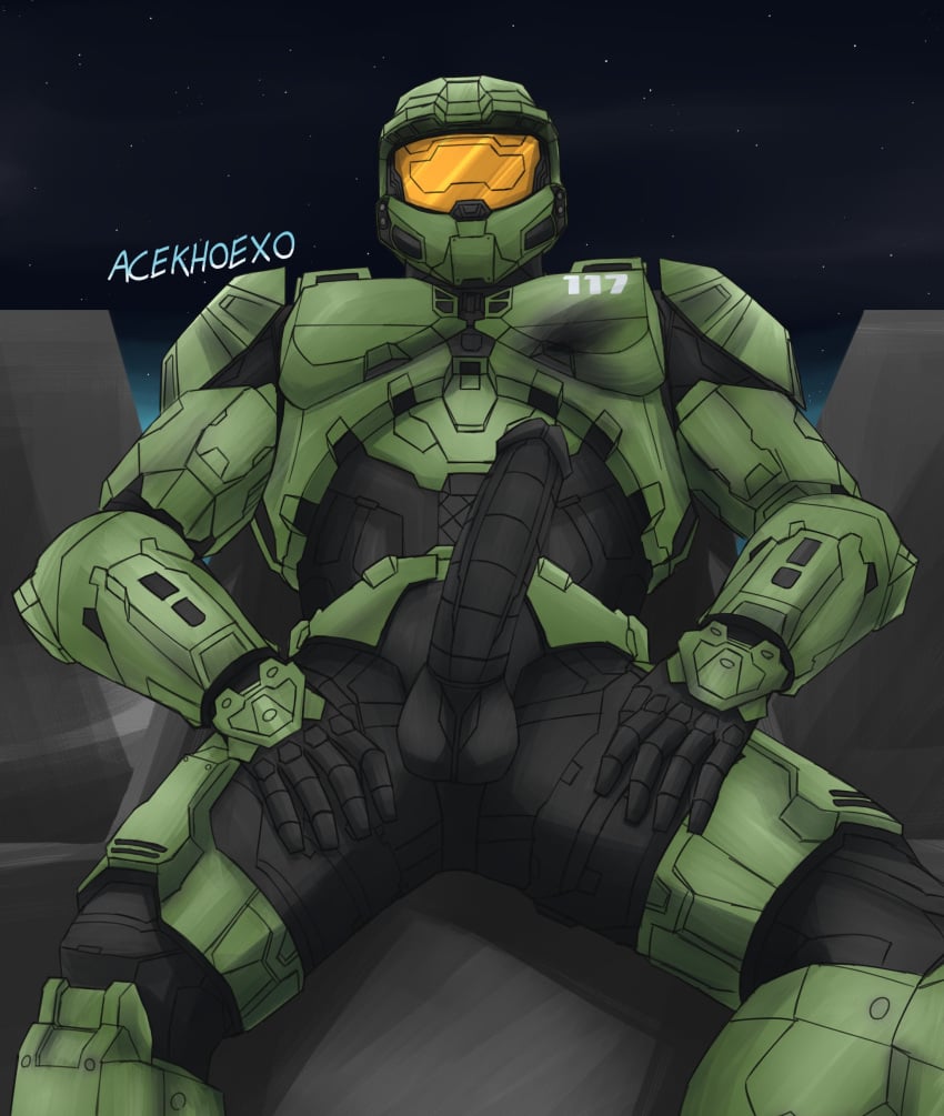 2023 5_fingers absurd_res absurdres acekhoexo armor armored_gloves balls big_penis black_balls black_glans black_penis damaged_armor detailed_background digital_drawing_(artwork) digital_media_(artwork) glans green_armor halo_(game) halo_(series) hand_on_thigh helmet highres looking_at_viewer master_chief night_sky number penis reflection retracted_foreskin ribbed_penis rock shadow signature sitting solo_male star visor