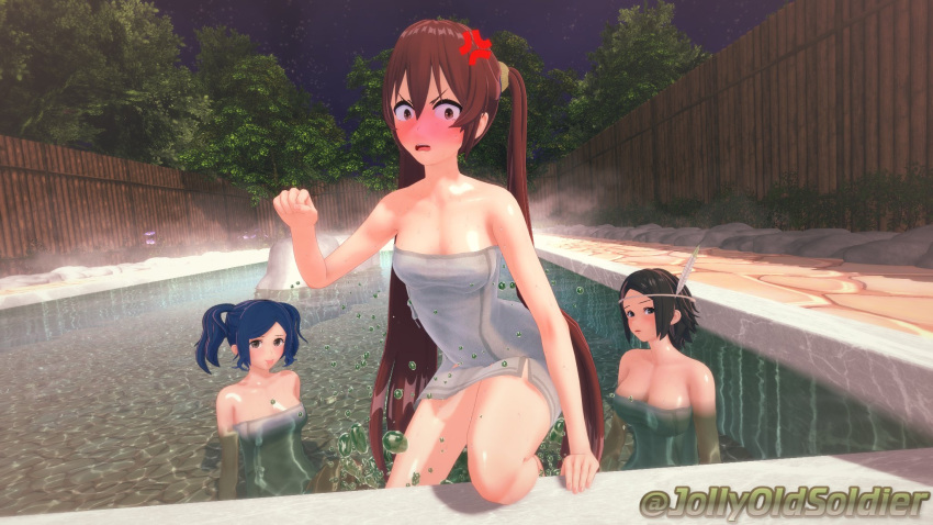 3d 3girls angry angry_expression black_hair blue_hair breasts cleavage cynthia_(fire_emblem) female_only fire_emblem fire_emblem_awakening jollyoldsoldier long_hair multiple_girls naked_towel nintendo noire_(fire_emblem) onsen partially_submerged red_hair severa_(fire_emblem) short_hair tongue_out towel twintails wet wet_body wet_towel