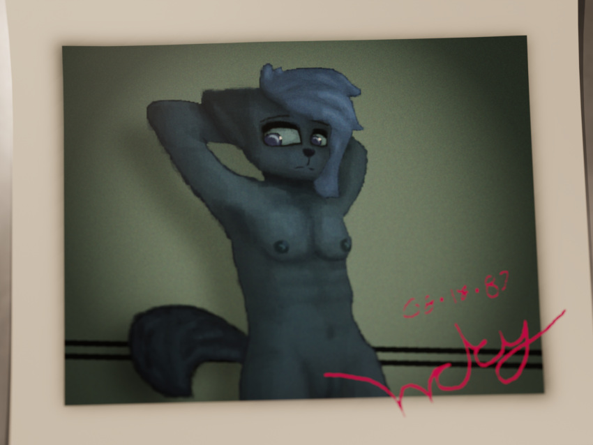 2023 anthro blue_body blue_eyes blue_hair breasts canid canine canis daguerreotype date digital_media_(artwork) digital_painting_(artwork) fekhesk fekhesk_(fekhesk) female fur genitals hair hands_behind_head hi_res looking_away looking_down mammal nipples nude photo pussy shaded signature small_breasts solo standing tail text wolf worried