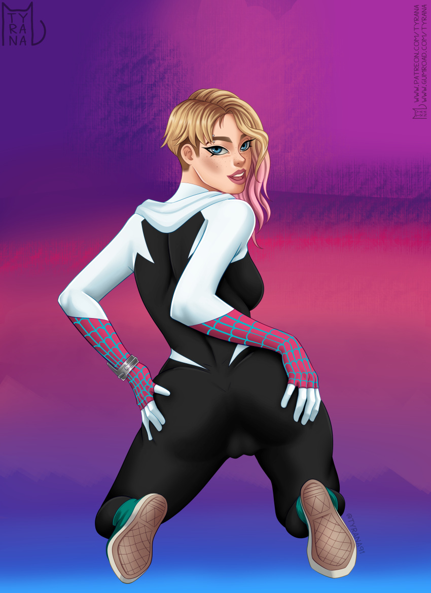 1girls 2023 2d artist_logo artist_name artist_signature cameltoe eyebrow_piercing female female_only gwen_stacy marvel solo spider-gwen spider-man_(series) tyrana