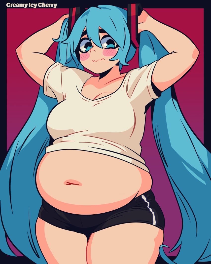 1girls 2023 alternate_body_type bbw belly_button big_belly big_breasts big_hips big_thighs blue_hair blush chubby chubby_belly chubby_female creamyicecherry embarrassed exposed_belly fat hatsune_miku large_belly light-skinned_female light_skin ponytail pudgy_belly shorts simple_background solo solo_focus stuffed_belly thick_eyebrows thick_thighs vocaloid wide_hips