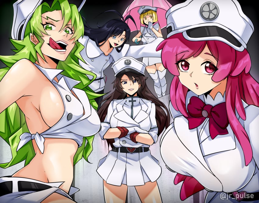 5girls bambietta_basterbine bleach bleach:_the_thousand-year_blood_war blonde_hair blue_hair breasts brown_hair candice_catnipp female female_only giselle_gewelle green_hair huge_breasts jrpuls3 large_breasts liltotto_lamperd long_hair meninas_mcallon multiple_girls petite pink_hair quincy_(bleach) revealing_clothes smile sternritter uniform voluptuous