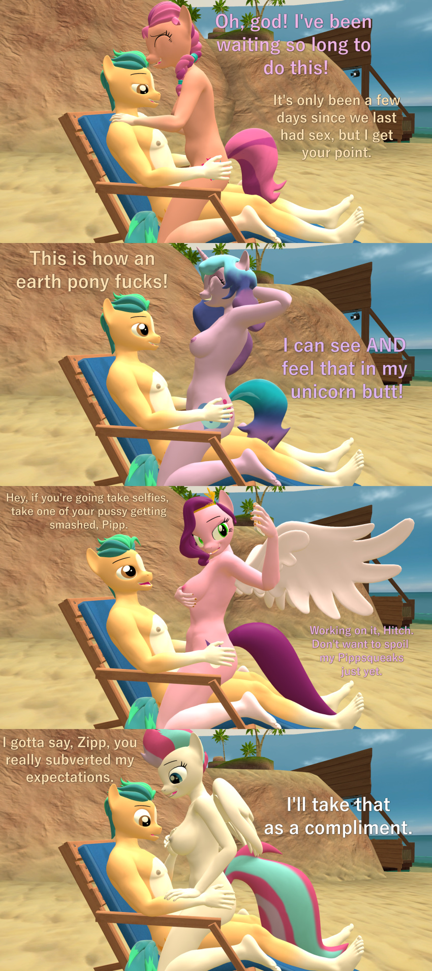 1boy 3d 4girls beach english_text hitch_trailblazer_(mlp) izzy_moonbow_(mlp) mlp_g5 my_little_pony my_little_pony:_a_new_generation papadragon69 pipp_petals_(mlp) sex sunny_starscout_(mlp) text zipp_storm_(mlp)