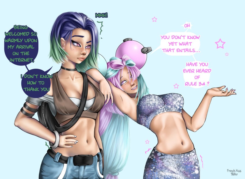 2girls crop_top dialogue female female_only fkstudio french_kiss_studio iono_(pokemon) navel perrin_(pokemon) pokemon pokemon_sv simple_background text text_bubble tremble_lines trembling trembling_legs two-tone_hair