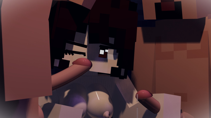 1girls 2023 2boys 3d black_hair breasts brown_eyes creampie erect_nipples erect_penis female firegirl_(prodiggie) handjob horny_female human humanoid looking_at_penis male mine-imator minecraft nude_female nude_male outside tagme touching_head unknown_artist