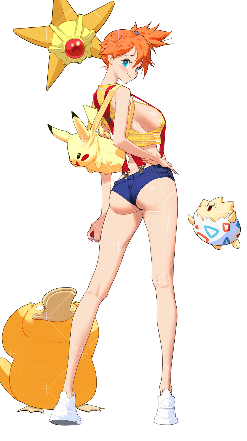 1girls ass asymmetrical_hair big_breasts blue_eyes blue_shorts blush breasts clothing crop_top denim denim_shorts female game_freak gen_1_pokemon high_resolution holding holding_creature holding_pokemon human kasumi_(pokemon) large_ass large_breasts legs nintendo orange_hair pikachu pokemon pokemon_(anime) pokemon_(classic_anime) pokemon_(species) pokemon_character pokemon_rgby pokemon_species ponytail psyduck shorts side_ponytail sideboob sleeveless smile staryu suspender_shorts suspenders tied_hair togepi wonbin_lee