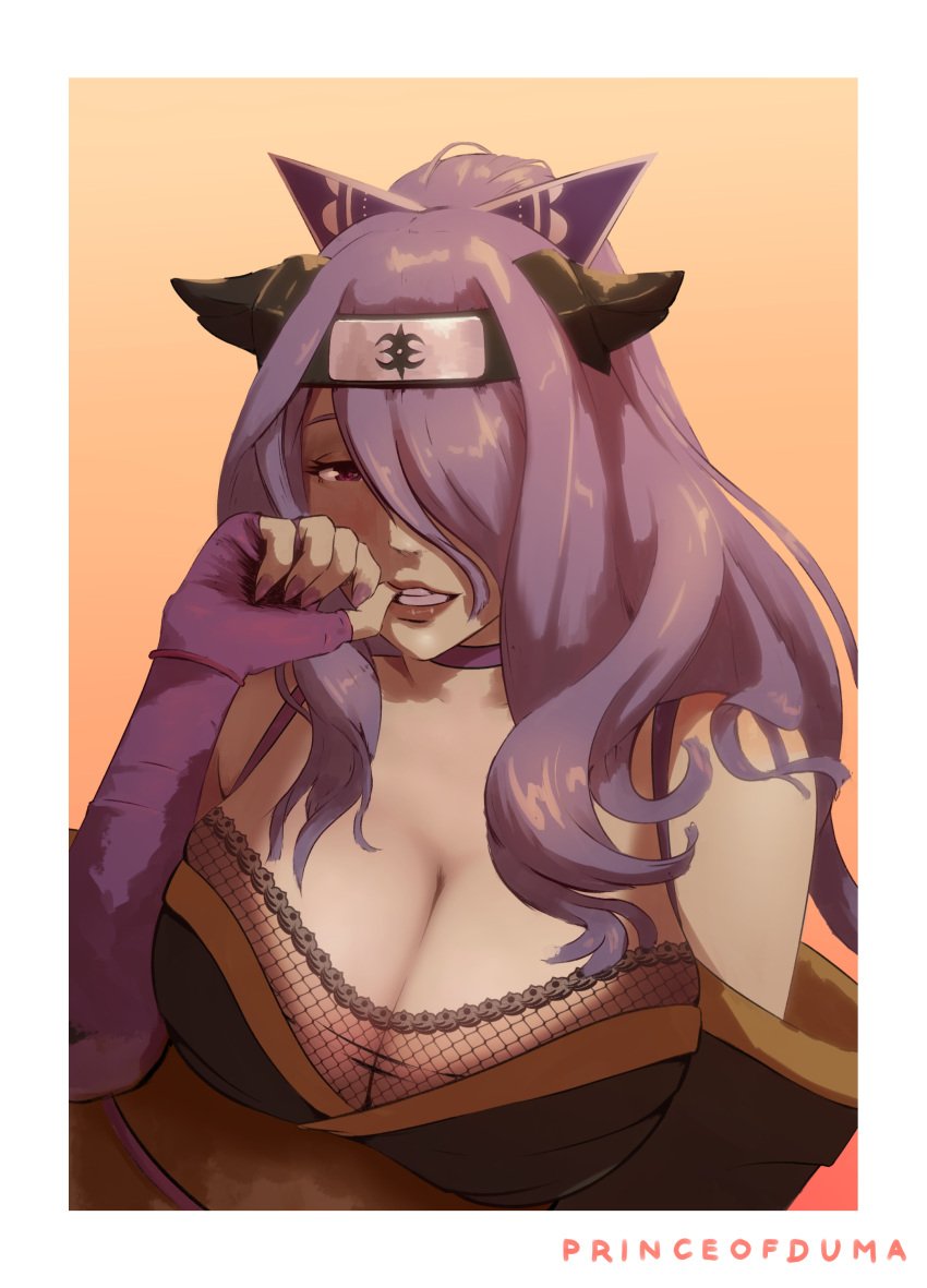 1girls alternate_costume alternate_hairstyle artist_name bangs biting_finger breasts camilla_(fire_emblem) camilla_(ninja)_(fire_emblem) choker cleavage female female_only fingerless_gloves fire_emblem fire_emblem_fates fire_emblem_heroes fully_clothed gloves headband kunoichi large_breasts ninja nintendo official_alternate_costume official_alternate_hairstyle one_eye_covered painted_nails ponytail princeofduma purple_hair purple_nails shoulders solo thumb_in_mouth wavy_hair