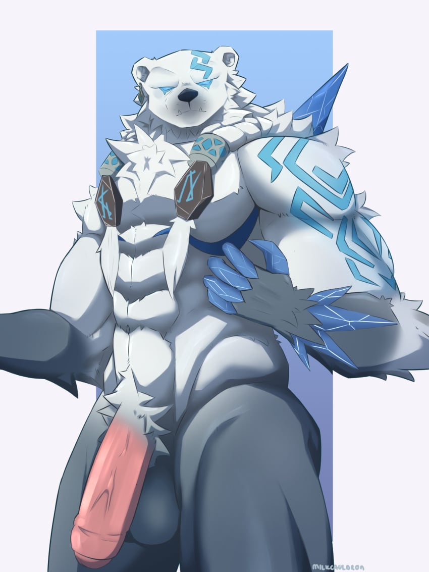 2024 5_fingers abs accessory anthro arm_tattoo arm_tuft back_tuft balls bear black_nose blue_eyeliner blue_eyes blue_fingers blue_sclera blue_spikes blue_tattoo braided_hair chest_tattoo chest_tuft claw_fingers crotch_tuft demigod ear_piercing ear_ring elbow_tuft empty_eyes fangs fingers foreskin fur genitals glans gradient_background grey_balls grey_body grey_fur hair half-erect head_tattoo hi_res league_of_legends looking_at_viewer male mammal milkcauldron multicolored_body multicolored_fur muscular muscular_anthro muscular_male navel nude partially_retracted_foreskin pecs penis piercing pink_glans pink_penis polar_bear pose ring_piercing riot_games round_ears shouder_tuft signature simple_background snout solo solo_male spikes spikes_(anatomy) tattoo teeth tuft twin_braids twintails ursine vein veiny_penis volibear white_body white_fur white_hair wrist_tuft