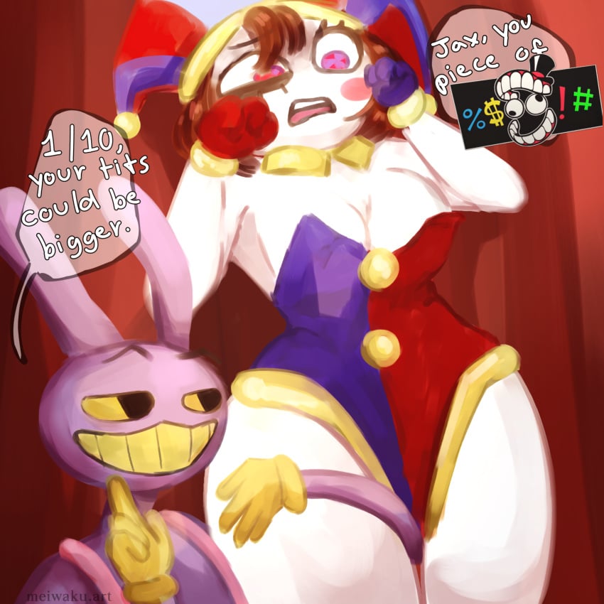 1boy1girl 2024 big_ass big_breasts big_butt black_eyes blush blushing breasts brown_hair bunnysuit cleavage clenched_teeth clown clown_girl collar collared_shirt curtains dialogue embarrassed eyelashes female fully_clothed holding_thigh jax_(the_amazing_digital_circus) meiwaku.art overalls pomni_(the_amazing_digital_circus) purple_eyes purple_skin red_eyes short_hair shortstack small_waist smug spotlight text text_box text_bubble the_amazing_digital_circus thick_thighs thigh_gap waist white_body white_skin yellow_eyes