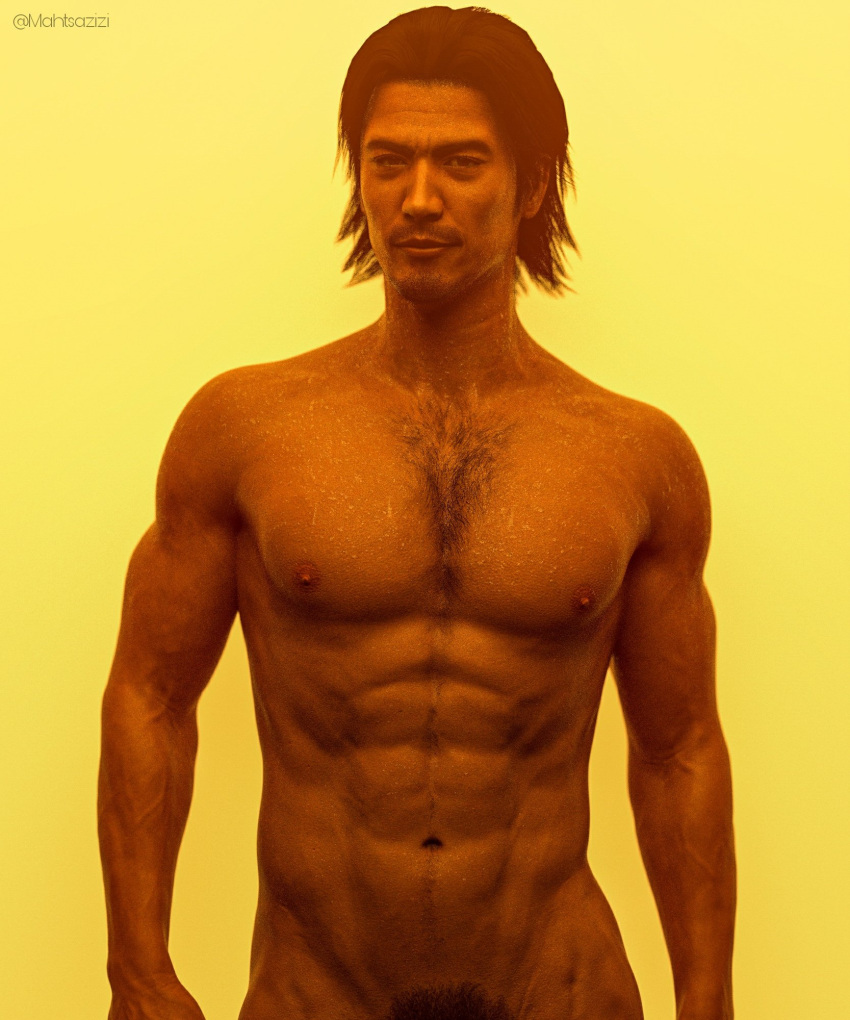 1boy 1human 3d 3d_model abs akiyama_shun black_hair brown_eyes erect_nipples hairy_chest handsome male male_focus male_only male_pov masculine muscular muscular_male pecs ryuu_ga_gotoku solo solo_male yakuza_(series)