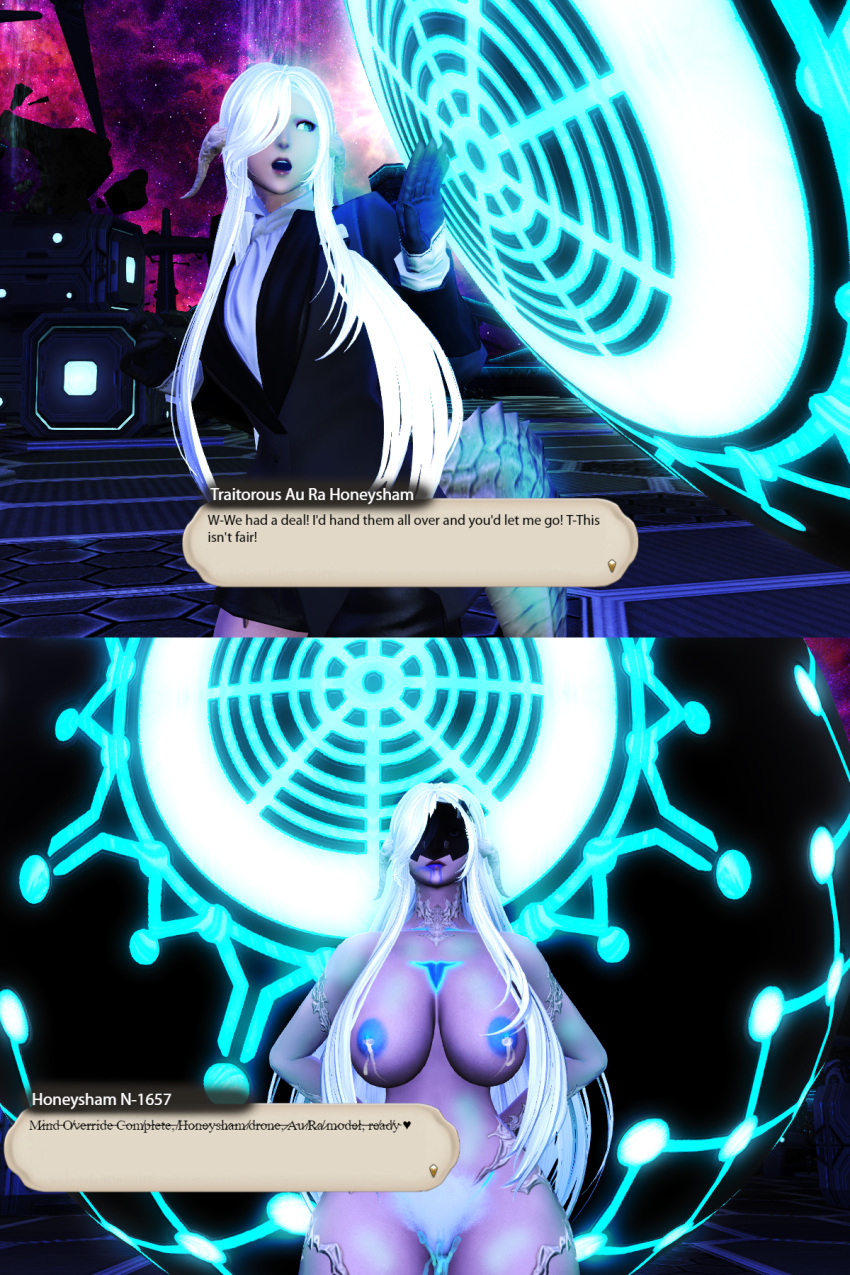 3d au_ra bad_end before_and_after begging begging_for_mercy blood_on_mouth brainwashing breasts cev_(xiv) clothed droneification english english_text final_fantasy final_fantasy_xiv gpose(ffxiv) hairy_pussy honeysham instant_loss_2koma lactation large_breasts long_hair mask masked_female mind_control nude nude_female pubic_hair raen unusual_bodily_fluids wet_pussy white_hair wide_hips