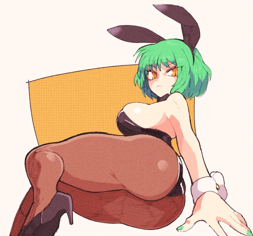 alternate_costume animal_ears ass black_footwear black_leotard black_pantyhose breasts bunny_ears bunnysuit closed_mouth expressionless fake_animal_ears female full_body green_hair green_nails high_heels hikage_(senran_kagura) inkerton-kun inkuusan legs leotard looking_at_viewer lying medium_breasts nail_polish on_side orange_background orange_eyes painted_nails pantyhose pink_background playboy_bunny polka_dot polka_dot_background rabbit_ears senran_kagura short_hair simple_background solo two-tone_background wrist_cuffs