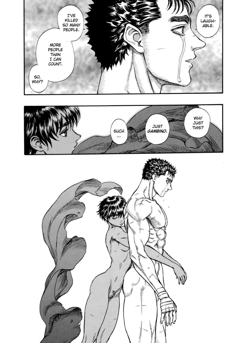 1boy 1boy1girl 1girls after_sex berserk black_hair broken_rape_victim canon casca completely_nude cry crying dark-skinned_female dialogue female guts_(berserk) hug hugging human imminent_sex interracial love loving male manga monochrome nude romantic screenshot short_hair text