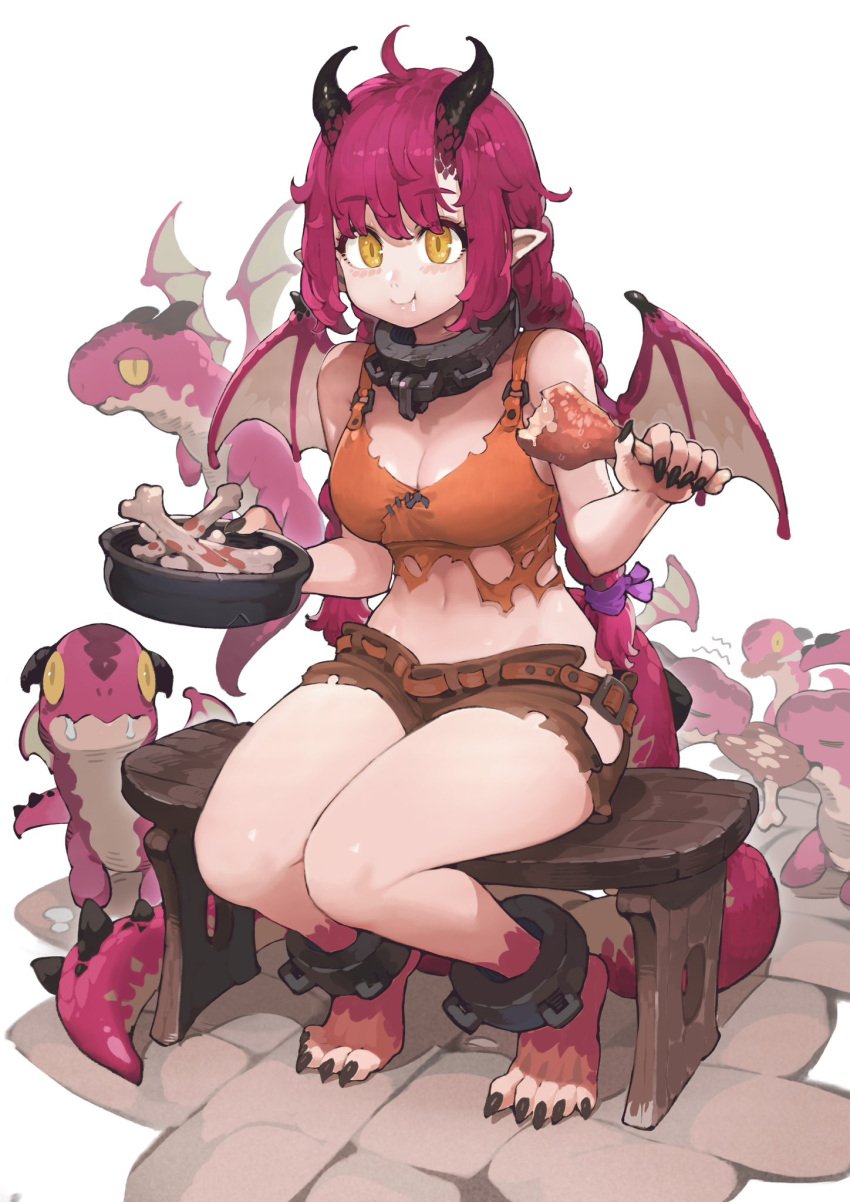 1girls ahoge ankle_cuffs bangs big_breasts black_nails black_toenails blush bones braid breasts clawed_feet clawed_toes cleavage clothed clothing collar crop_top cuff_(restraint) dragon dragon_girl dragon_wings drool eating eyebrows eyebrows_visible_through_hair eyelashes feet female food food_bowl hair_tie holding_object horns legs light-skinned_female light_skin lips long_hair long_toenails looking_at_viewer midriff navel navigavi pointy_ears saliva sharp_toenails short_shorts shorts sleeveless smile tail thick_thighs thighs toe_claws topwear torn_clothes twin_braids twintails white_background wide_hips wings yellow_eyes