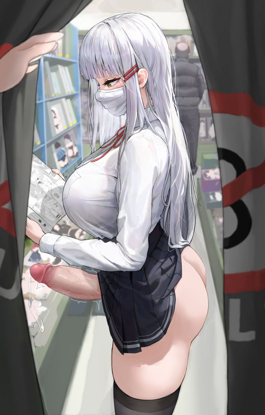 1boy 1futa 1other accidental_exposure aroused ass bangs barette big_ass big_breasts big_penis black_skirt black_thighhighs blunt_bangs blush bolo_tie boo_iro bookstore bottomless bottomless_skirt breasts bulge clothed clothing collared_shirt doujinshi_(object) erection erection_under_clothes erection_under_skirt exhibitionism facemask female_pervert foreskin fully_retracted_foreskin futa_focus futanari gluteal_fold green_eyes hair_accessory half-closed_eyes hime_cut huge_breasts huge_cock human light-skinned_futanari light_skin long_hair male masked masked_female microskirt miniskirt mostly_clothed mouth_mask no_panties oblivious original original_character penis penis_out penis_under_clothes penis_under_skirt pleated_skirt pornography pov precum precum_drip public public_exposure reading reading_book reading_pornography red_neckwear retracted_foreskin school_uniform shirt_tucked_in shop skirt skirt_lift solo_focus thick_thighs thighhighs tight_clothes tight_clothing tight_fit uncensored voyeur wardrobe_error white_hair white_shirt yellow_eyes