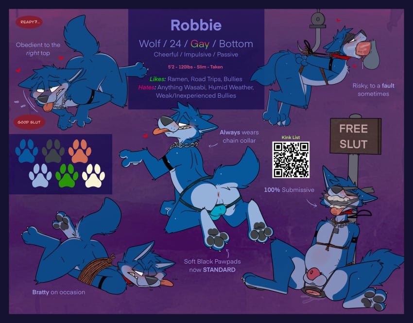 absurd_res anal anal_sex anthro blue_border bondage bondage border bound canid canine canis chastity_cage chastity_device clothing english_text hi_res jockstrap male male/male mammal model_sheet oral oral_penetration penetration qr_code robbie_(rotten_robbie) rotten_robbie solo stuffed_mouth submissive submissive_male text underwear wolf