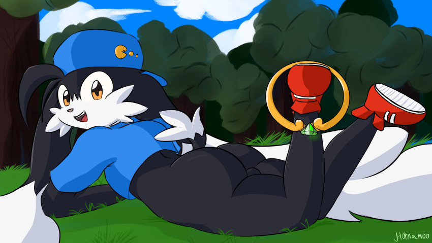 anthro ass backwards_baseball_cap backwards_hat balls bandai_namco baseball_cap bottomless clothed clothing domestic_cat felid feline felis footwear genitals hat headgear headwear hi_res hornamoo hybrid klonoa klonoa_(series) lagomorph leporid looking_at_viewer looking_back lying male mammal on_front outside rabbit ring shirt shoes solo topwear