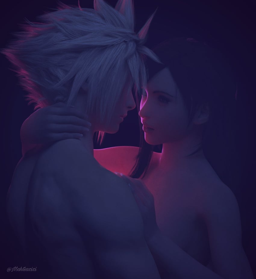 3d 3d_model about_to_kiss black_hair blonde_hair cloud_strife dark_background dimly_lit embrace female female/male final_fantasy final_fantasy_vii final_fantasy_vii_remake hetero_sex intense intense_stare looking_at_each_other male male/female male_pov red_eyes romantic sensual square_enix straight tifa_lockhart