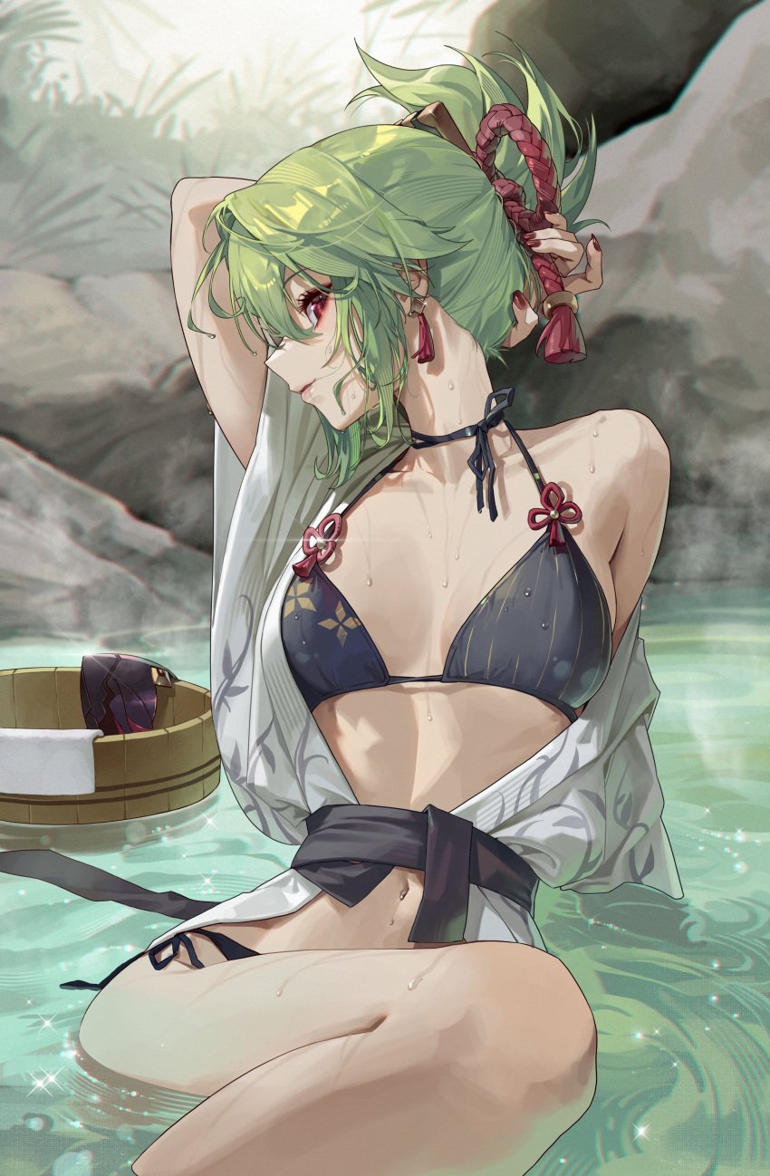 1girls bikini bikini_top black_bikini female female_focus female_only flexible genshin_impact green_hair hot_spring kuki_shinobu light-skinned_female light_skin looking_at_viewer onsen posing posing_for_the_viewer purple_eyes short_hair slim_waist small_breasts sssong_aa tagme