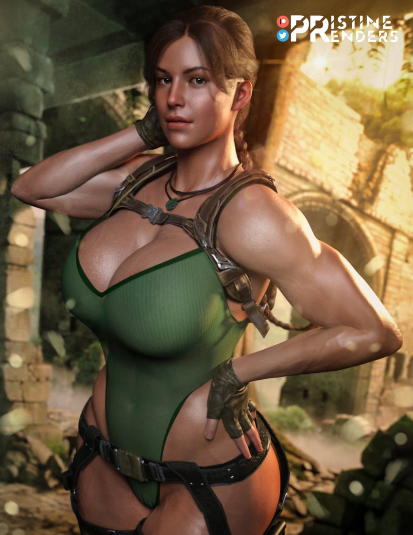 3d athletic athletic_female backpack belt biceps big_breasts braid breasts brown_eyes brown_hair busty call_of_duty cleavage female female_focus female_only fingerless_gloves holster lara_croft lara_croft_(cod) large_breasts leotard long_hair navel necklace pinup pinup_pose pose posing pristinerenders see-through tagme thigh_holster tomb_raider toned toned_female