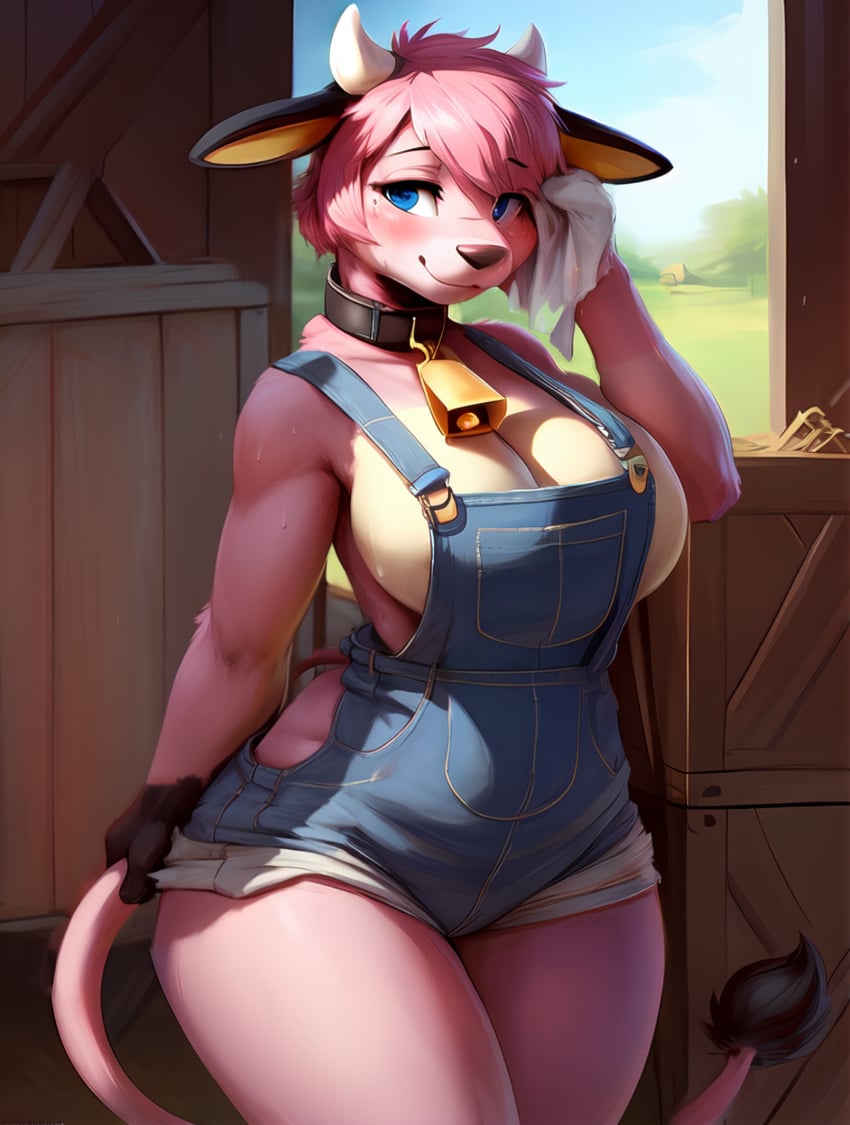 1girls ai_generated anthro anthro_only barn bedroom_eyes big_breasts blue_eyes blush bovid bovine breasts clothed_female collar cow_bell cow_bell_collar erect_nipples female female_only furry furry_only holding_tail horns in_heat looking_at_viewer milf miltank nintendo overalls pink_body pink_fur pink_hair pokemon pokemon_(species) scorpianpp self_upload smile solo solo_female solo_focus stable_diffusion standing wiping_sweat