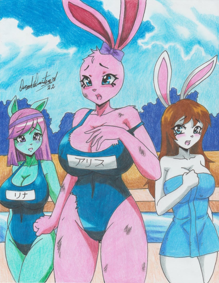 alice_(xxluxescrowxx) big_breasts big_hips bunny_girl burnt_clothes embarrassed grown_up lina_(yin_yang_yo!) ravern_clouk ravernclouk school_swimsuit sukumizu towel_only yin_(yin_yang_yo!) yin_yang_yo! yin_yang_yo!_oc