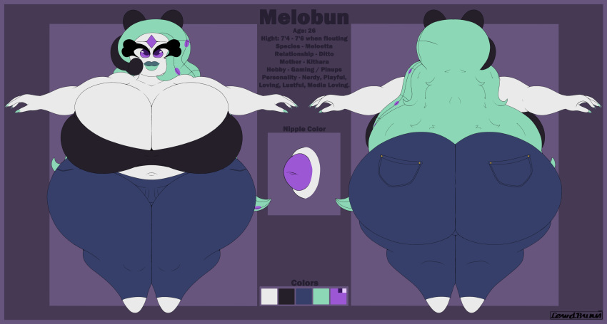 big_ass big_breasts bimbo bimbo_lips hourglass_figure jeans lewd_bun_64 massive_ass massive_breasts melobun_(strugglebunny) meloetta nerdy_female oc pokemon purple_nipples reference_sheet strugglebunny taller_girl teal_lipstick teal_nails thick_thighs tubetop