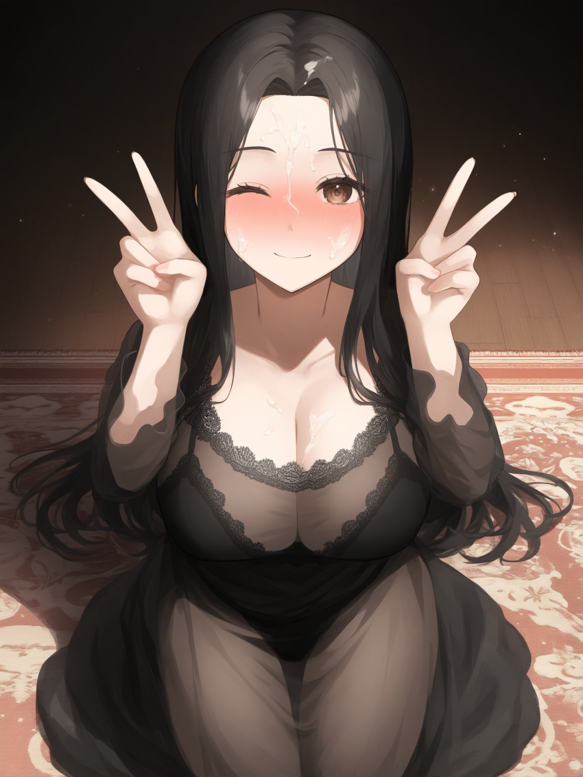 ai_generated black_hair blush brown_eyes cleavage cum cum_in_hair cum_on_breasts cum_on_cheeks cum_on_forehead facial forehead full_face_blush happy kneeling lace lace_trim large_breasts light long_hair mature_female negligee peace_sign rug see-through shadow smiling very_long_hair wooden_floor