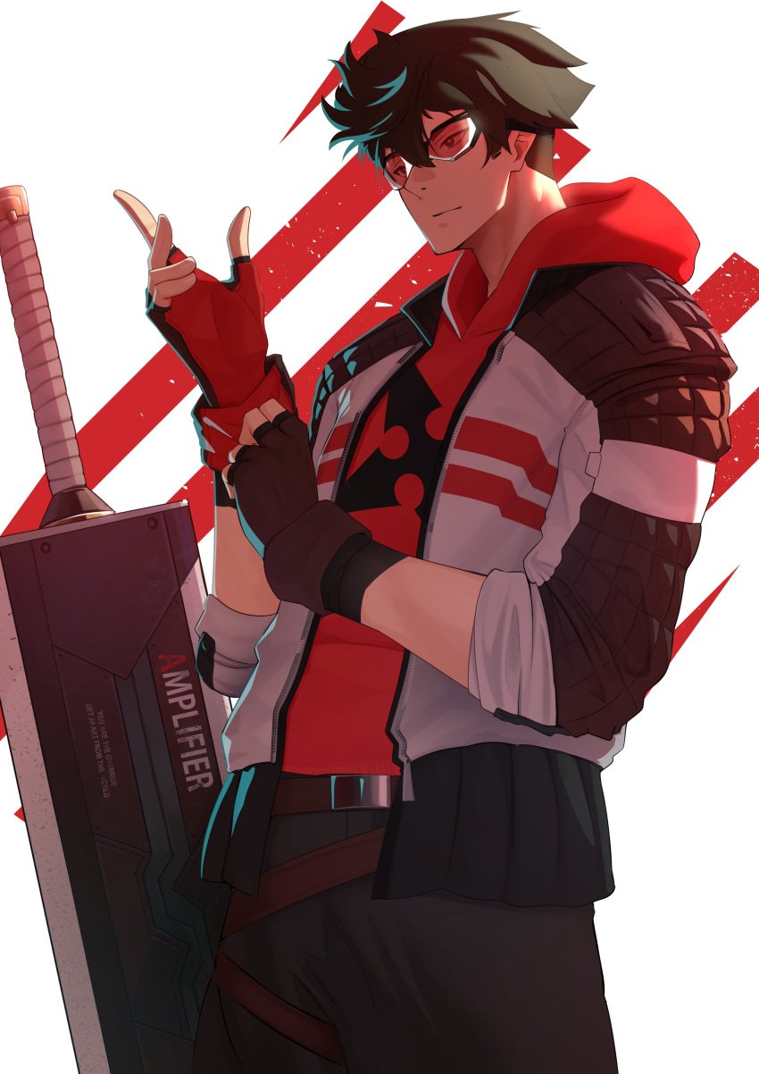 absurdres belt black_hair fingerless_gloves glasses gloves highres red_sweater simple_background sweater sword the_atko weapon