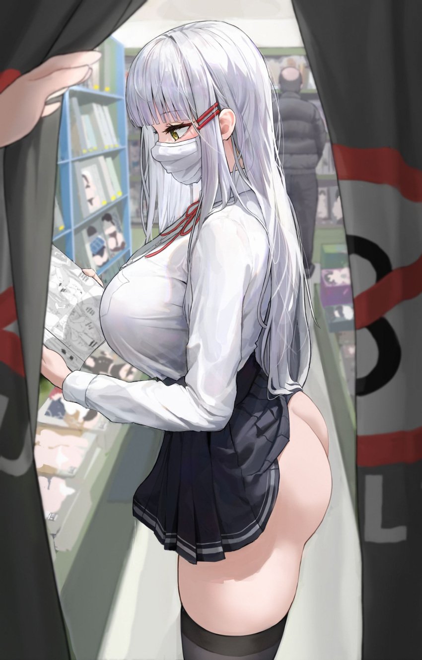 1boy 1futa 1other accidental_exposure aroused ass bangs barette big_ass black_skirt black_thighhighs blunt_bangs blush bolo_tie boo_iro bookstore bottomless bottomless_skirt breasts bulge clothed clothing collared_shirt doujinshi_(object) facemask female_pervert flaccid futa_focus futanari gluteal_fold green_eyes hair_accessory hime_cut huge_breasts human light-skinned_futanari light_skin long_hair male masked masked_female microskirt miniskirt mostly_clothed mouth_mask no_panties oblivious original original_character penis penis_bulge penis_under_clothes penis_under_skirt pleated_skirt pornography pov precum precum_drip public reading reading_book reading_pornography red_neckwear school_uniform shirt_tucked_in shop skirt skirt_lift solo_focus standing tenting thick_thighs thighhighs tight_clothes tight_clothing tight_fit voyeur wardrobe_error white_hair white_shirt yellow_eyes