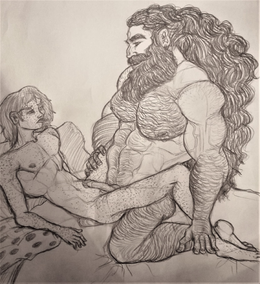 bartel beard bearded faciual_hair freckles gay gay_sex hairy hairy_arms hairy_chest hairy_male long_hair looking_bored male manly muscle muscular muscular_male pencil_(artwork) size_difference sketch smoking traditional_art traditional_media traditional_media_(artwork)