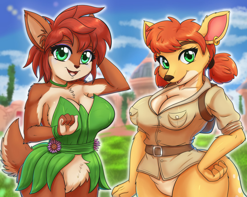 2girls activision anthro arm_behind_head big_breasts breasts busty cleavage elora female female_only green_eyes hand_on_hip hi_res large_breasts legs makeup multiple_girls red_hair sensual sheila_(spyro) smile spyro_the_dragon thighs voluptuous yuri