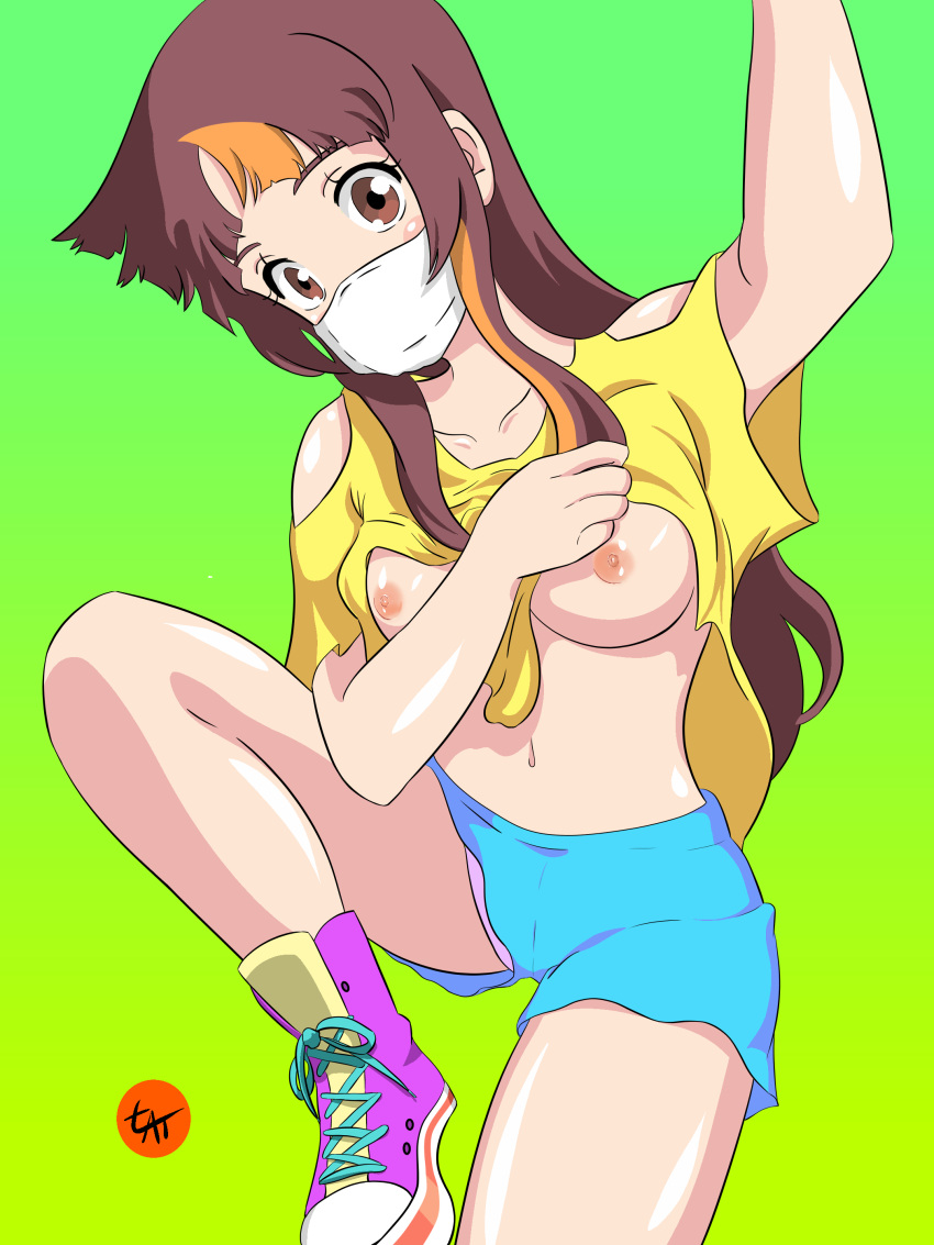 anime blushing_at_viewer breasts breasts_exposed brown_eyes brown_hair colored_hair_strip covered_face face_mask orange_hair_strip shoes short_pants shoulders skinny skinny_female spreading_legs tagme words_bubble_up_like_soda_pop yuki_(words_bubble_up_like_soda_pop)